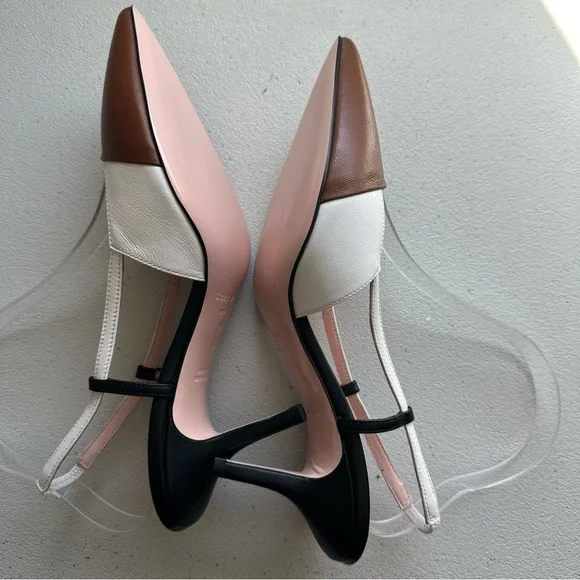 KateSpade Sabina pumps white brown leather with black and clear slingback straps - Picture 4 of 13
